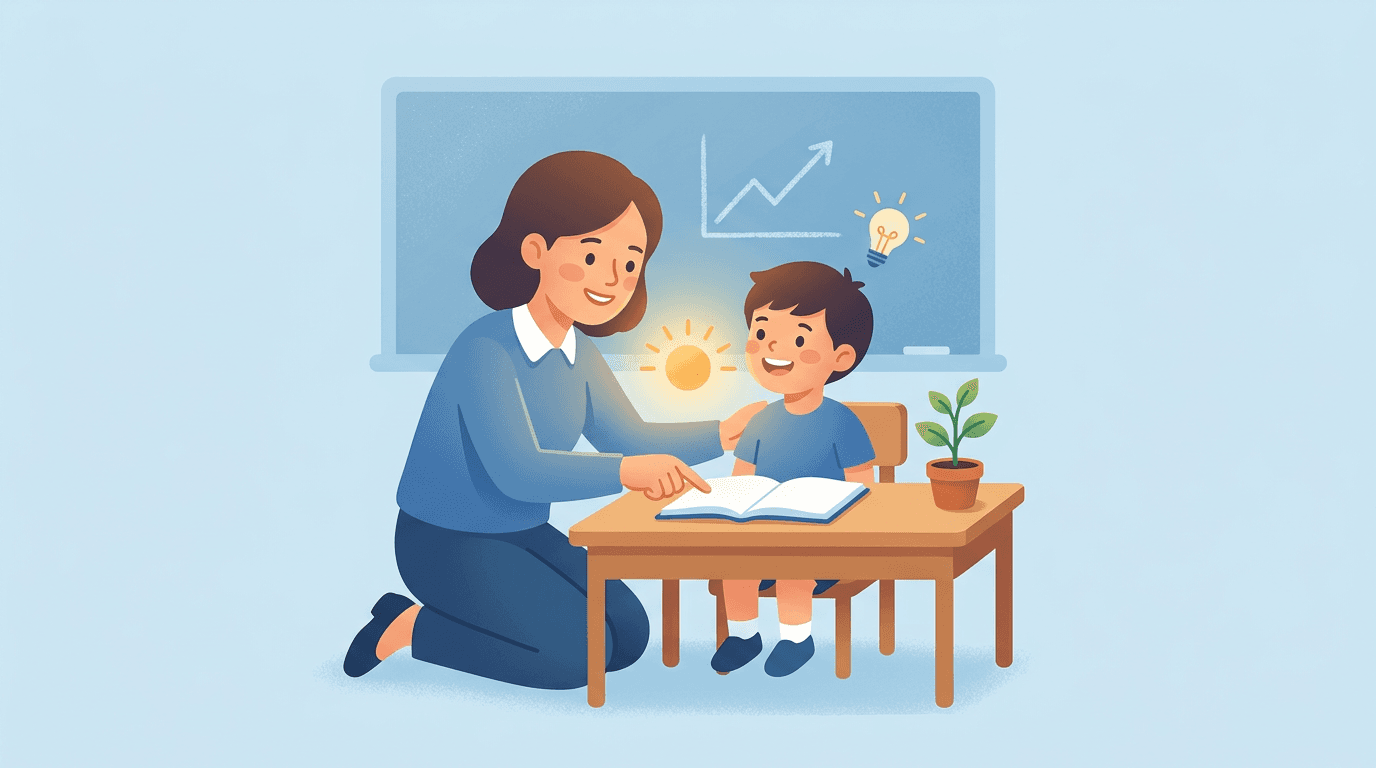 A teacher kneels beside a student, pointing at a notebook, with a glow connecting them and a plant on the desk.