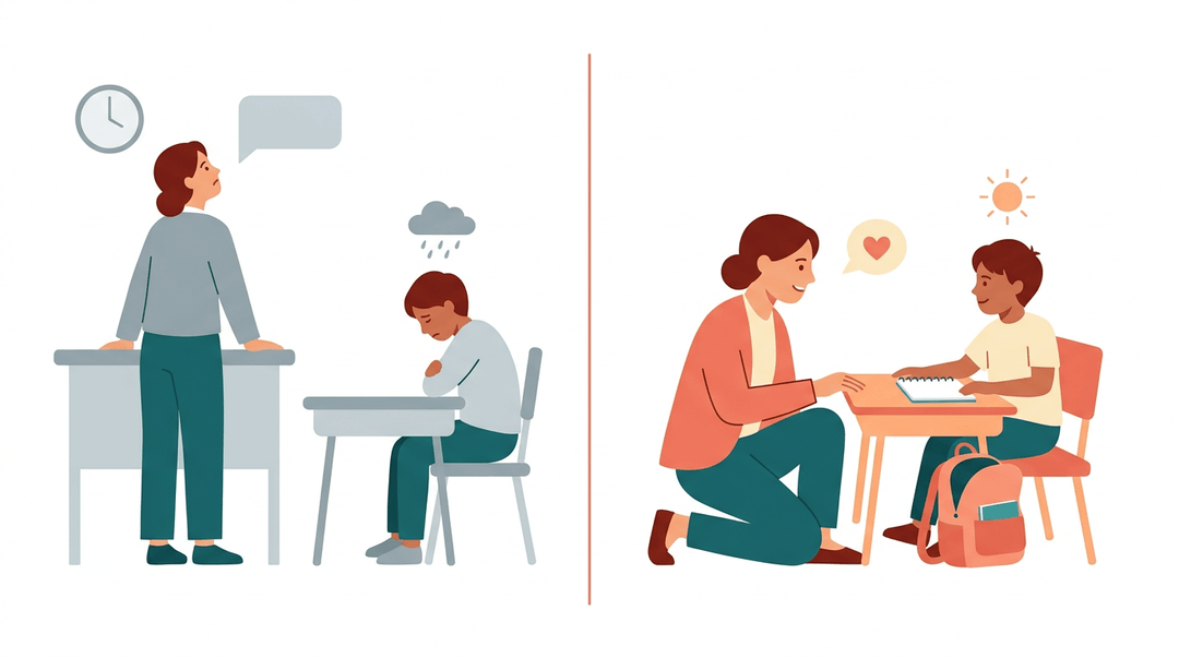 A split-scene image shows a student feeling isolated on the left, and supported by their teacher on the right.