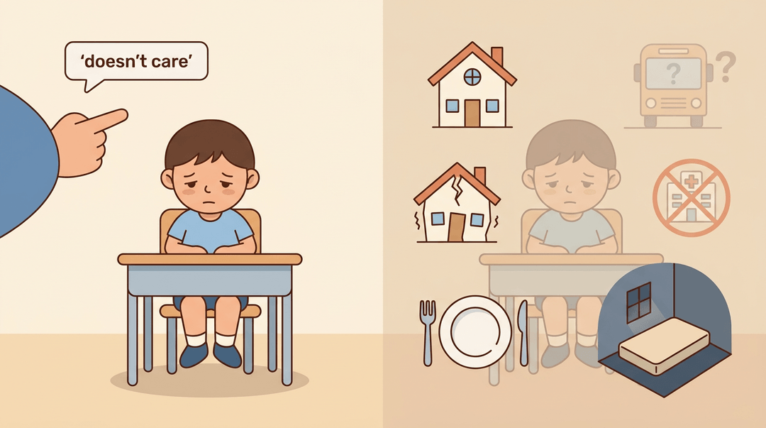 A split image shows a tired student at a desk on one side, and on the other, icons representing their hidden struggles with home, food, and quiet study space.
