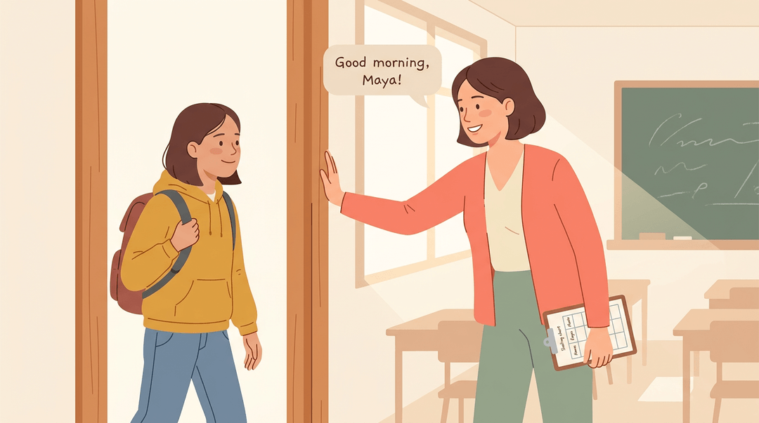 A teacher at a classroom door greets a student by name with a clipboard in hand, bathed in morning light.