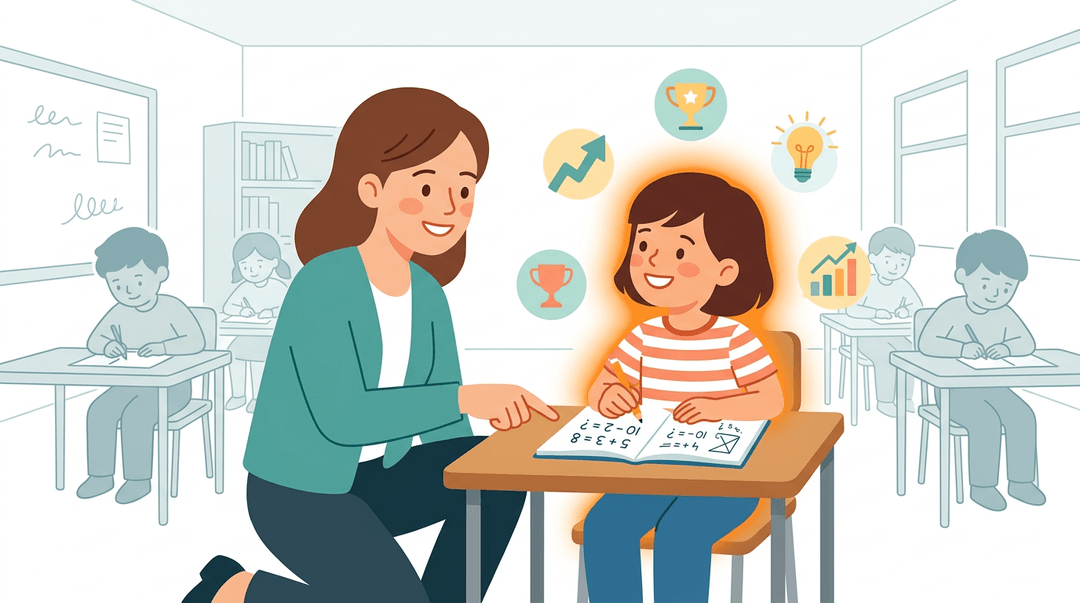 A teacher kneels beside a smiling student, encircled by glowing icons of growth, in a bright, warm classroom.
