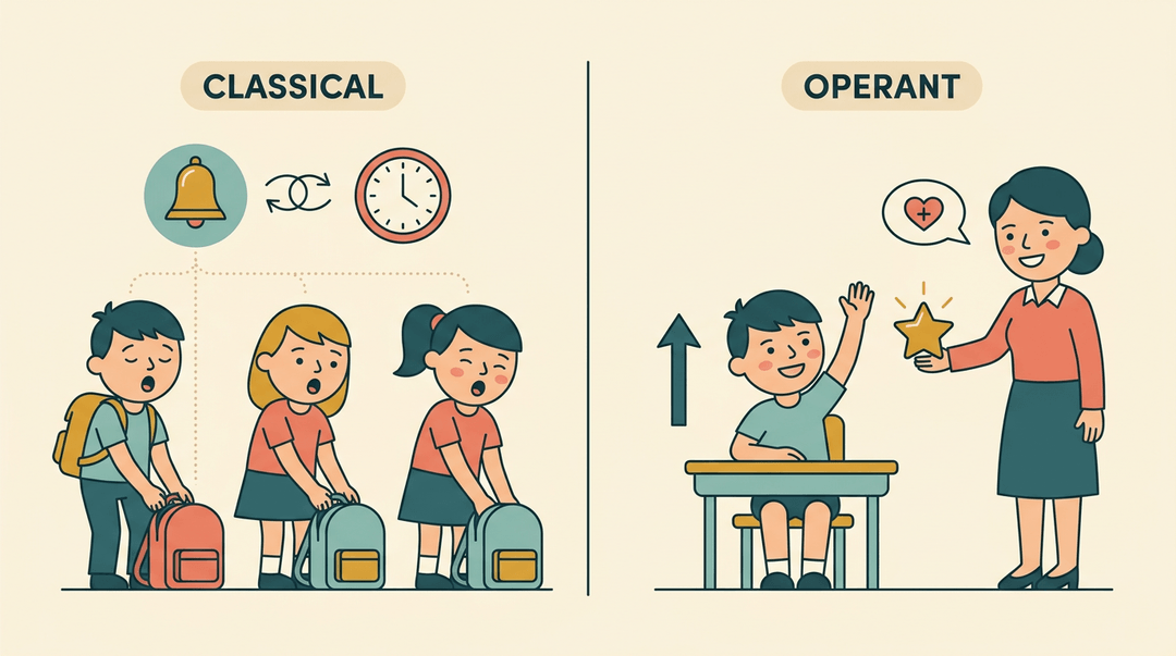 A two-panel illustration comparing classical conditioning (involuntary bell-triggered reaction) and operant conditioning (voluntary, rewarded hand-raising).