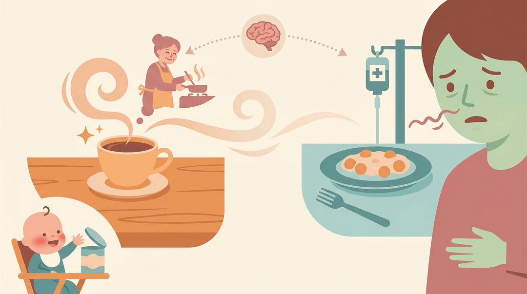 A flat vector illustration contrasts warm, nostalgic feelings of family and food on the left with cool, uneasy feelings of sickness on the right, connected by a central brain icon.