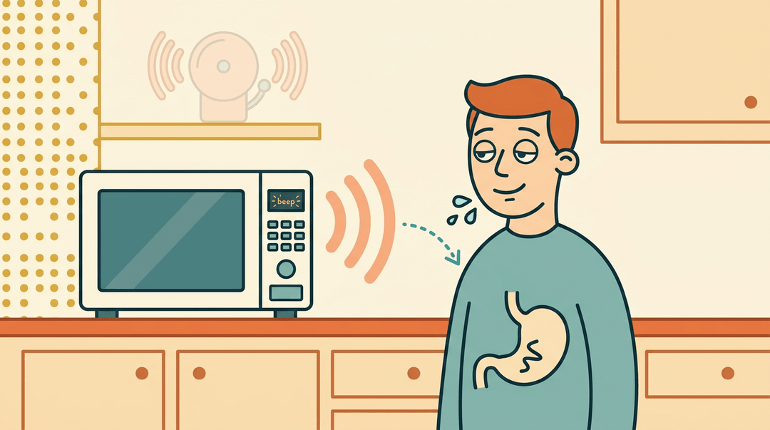 A person stands anticipating food from a beeping microwave, with sound waves leading to their growling stomach.