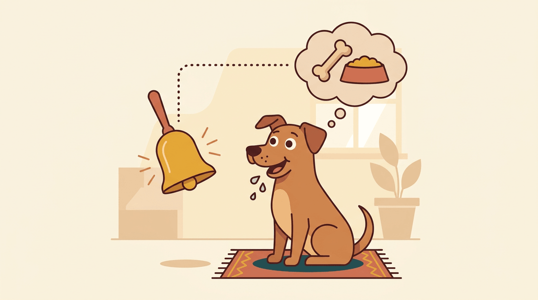 A cheerful dog anticipates food, associating a bell's ring with a bone and food bowl in a thought bubble.