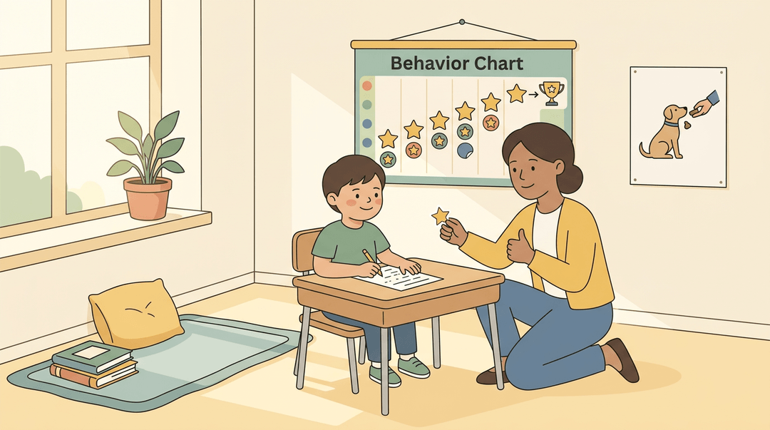 A teacher gives a thumbs-up to a student calmly working at a desk in a sunlit classroom, illustrating positive reinforcement.