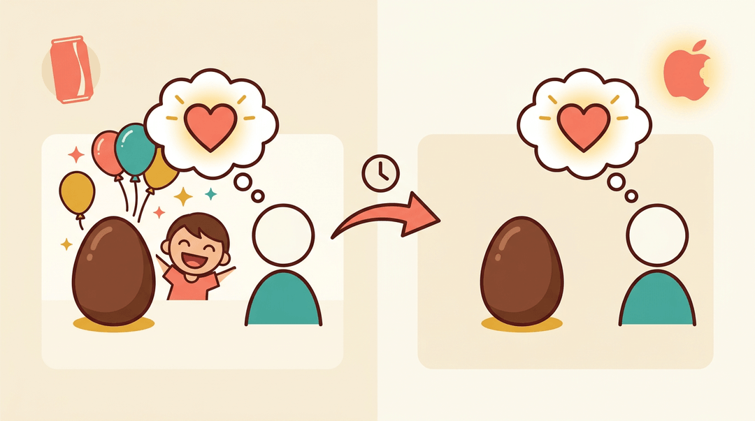A two-panel illustration shows how pairing a chocolate egg with joyful imagery makes the egg alone evoke happiness.