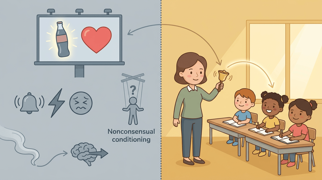Harmful conditioning on the left, shown by manipulative advertising and aversion therapy, contrasted with positive classroom conditioning on the right.