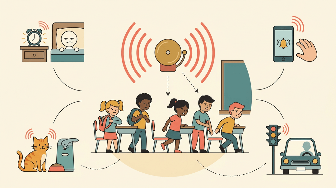 A brass bell ringing in a classroom prompts children to instantly pack up, with vignettes showing other automatic responses to sound.