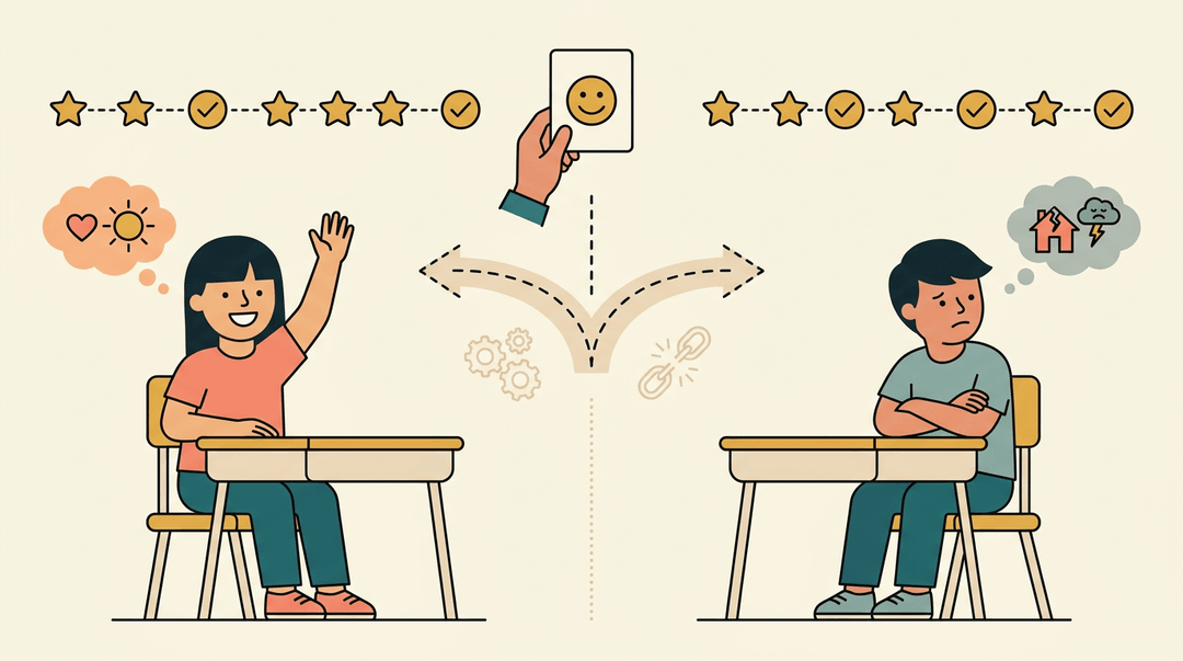 Two students with identical learning histories react differently to the same stimulus, one happily and one negatively.