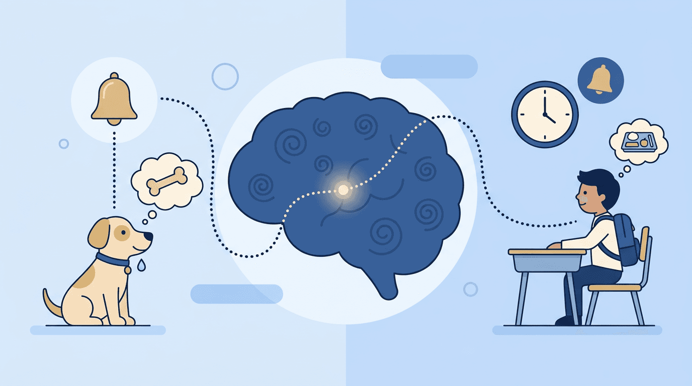A bell, dog, and bone connect to a human brain, then to a student, clock, and lunch tray, showing conditional learning.