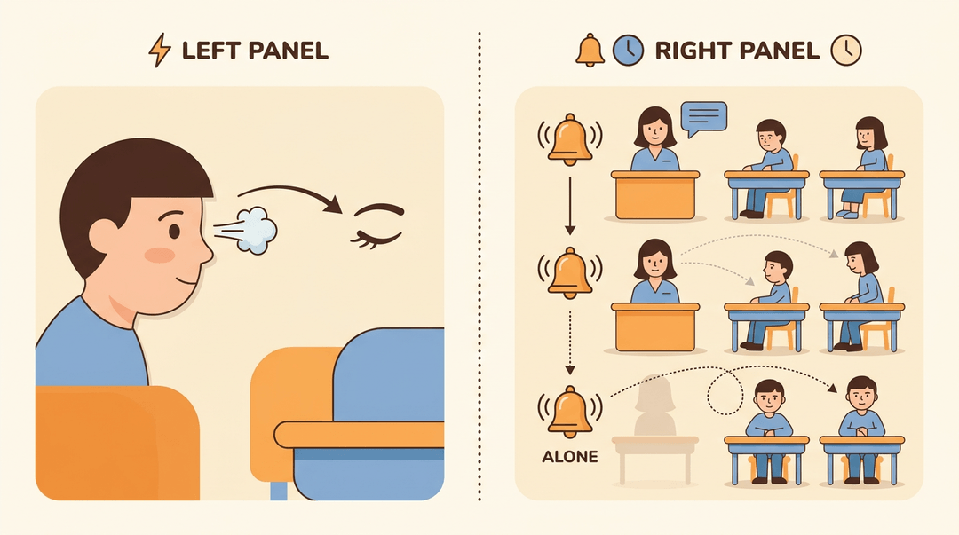 A two-panel illustration: a left panel shows a quick eye-blink reflex; a right panel shows students learning to sit up when a bell rings.
