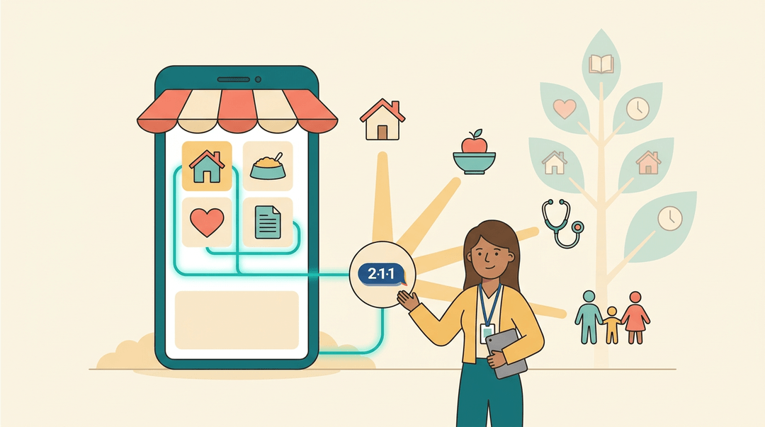A teacher guides families through connected support systems, including 211, benefits, and early education, on a central digital hub.