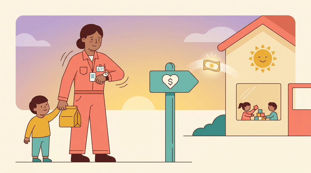 A tired working parent in a coral uniform holds a child's hand at sunrise, relieved by a daycare signpost with financial aid flowing toward the building.