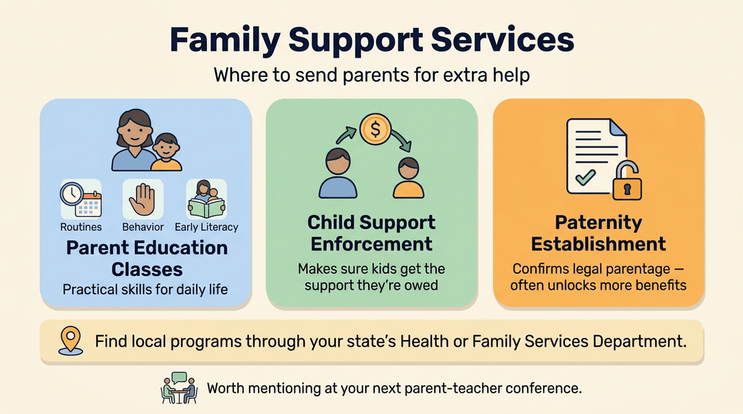 Infographic about family support services for parents, detailing parent education, child support, and paternity establishment.