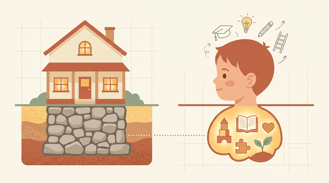 A split image shows a house with a strong foundation connected by a dotted line to a child's head with icons of early learning.