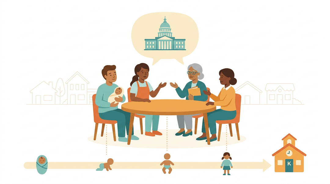 Diverse adults at a table collaborate on early childhood policy, with a timeline from newborn to kindergarten and a state capitol icon.