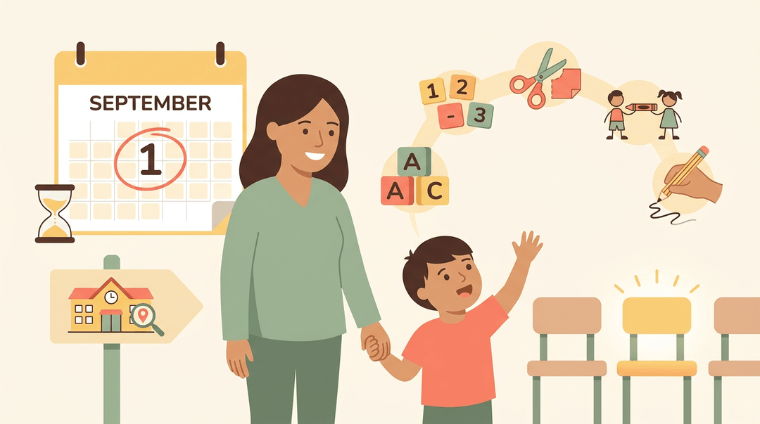 A parent and child stand before a calendar, with icons of learning and a preschool building around them.