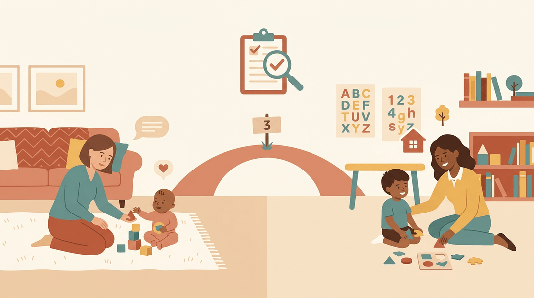 A child's developmental journey from home therapy to preschool special education, connected by an evaluation process.