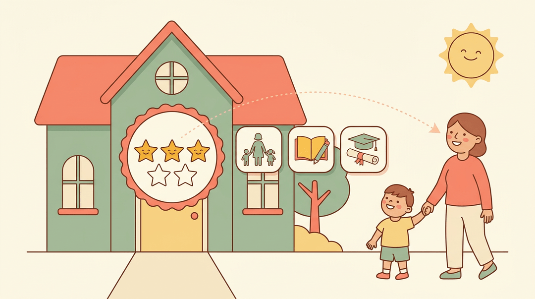 A cheerful preschool building with a quality rating badge and icons, with a parent and child looking up at the badge.