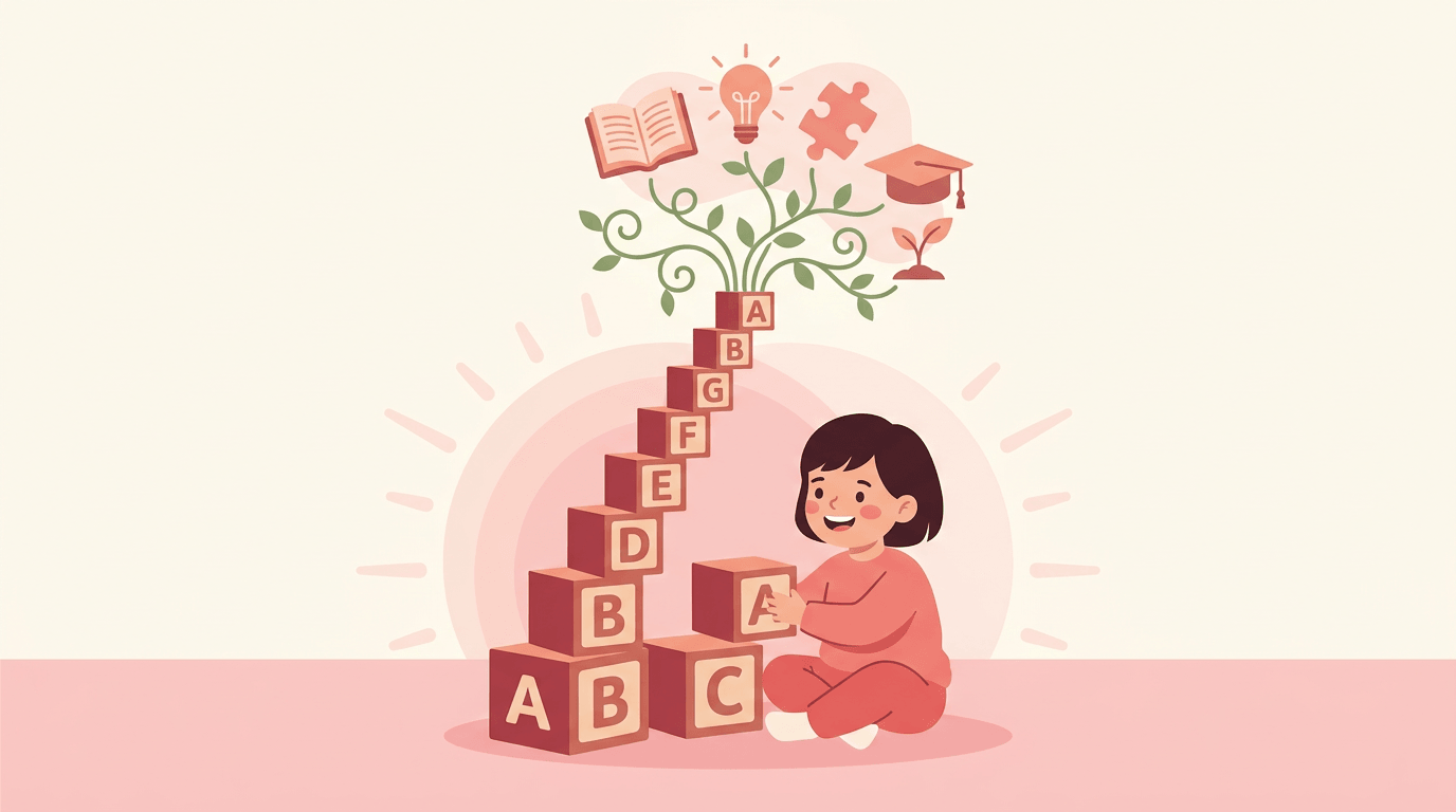 A child stacks alphabet blocks, from which vines grow toward floating symbols of learning and achievement.