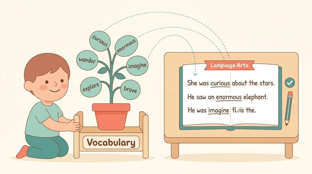 A vocabulary plant with word leaves connects to a Language Arts notebook, illustrating how words support writing.