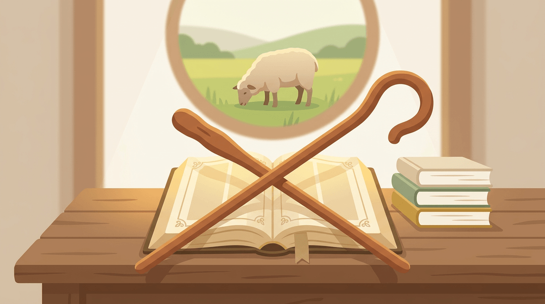 Open Bible and shepherd's tools on a table with textbooks, set against a pastoral window scene.