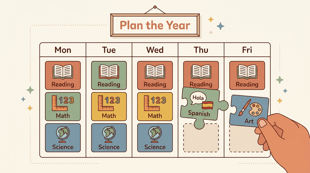 A hand completes a weekly school planner by adding Spanish and art puzzle pieces to a grid of core subjects.