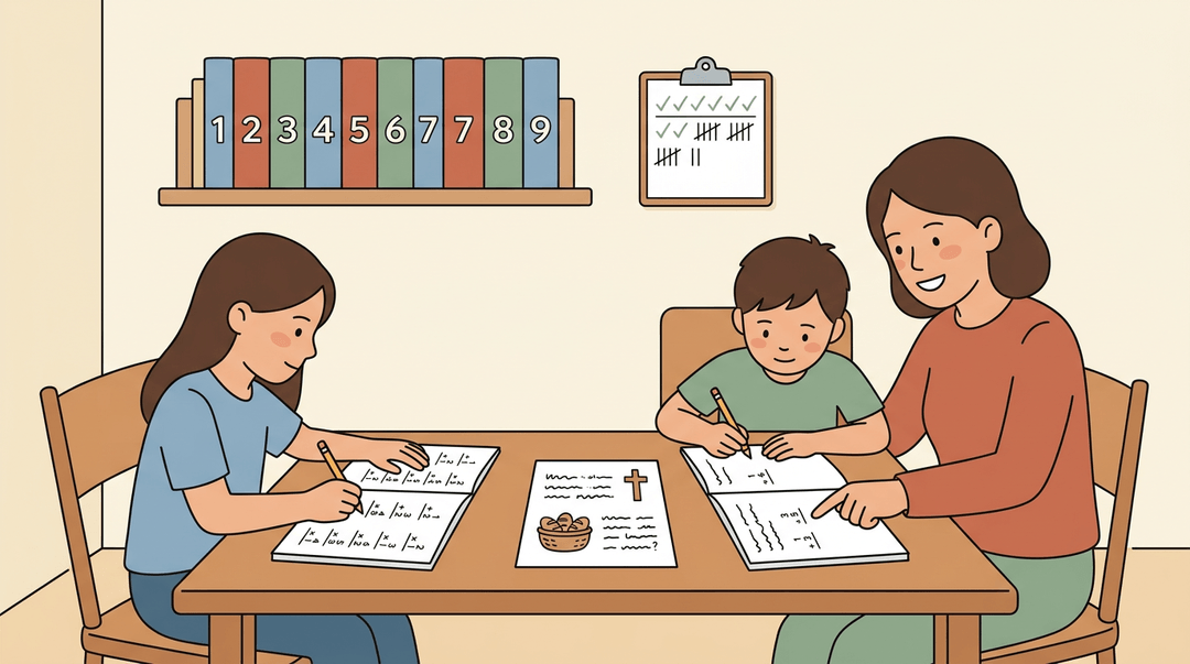 Mom guides a third grader at a table while an older sister works independently, with grade-labeled workbooks on the wall.