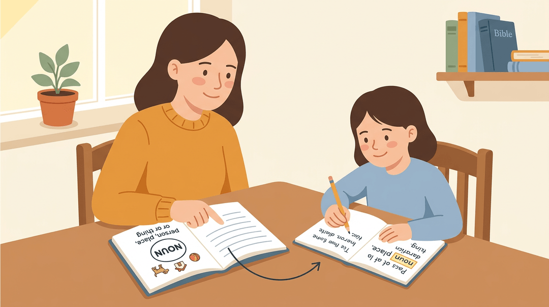 Mother and daughter learn grammar together at a sunny table, connecting the noun rule to writing practice in an open workbook.