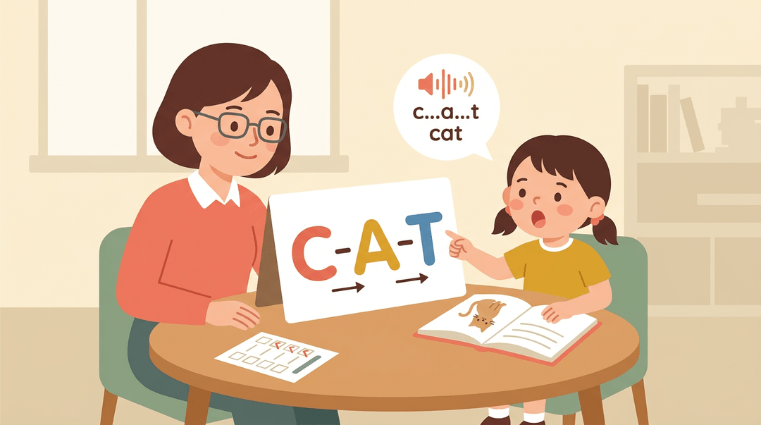 A tutor guides a child blending letters on a flashcard to read