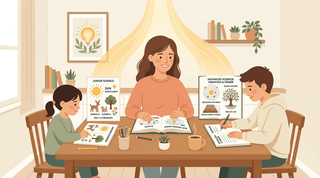 Homeschool mom and two children study science together at a table, connected by a beam of light symbolizing a unified faith-based framework.