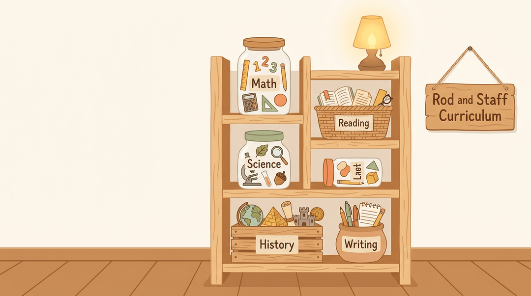 Wooden shelf labeled with subjects like Math and Reading, displaying a Rod and Staff Curriculum sign.
