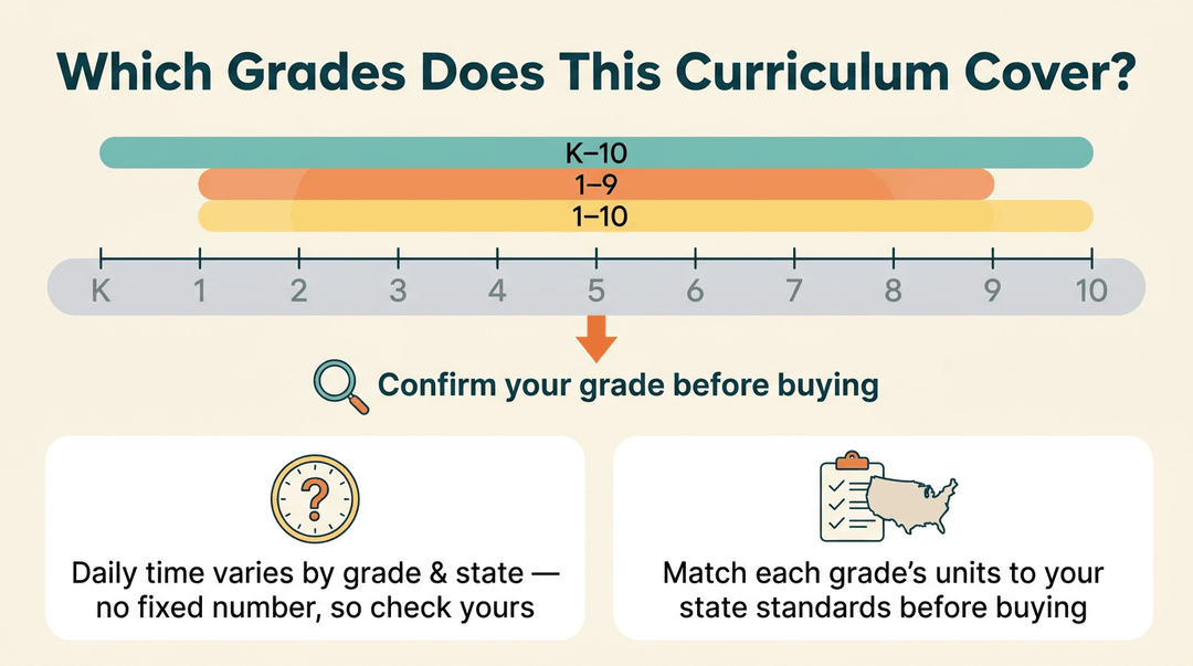 Infographic showing inconsistent grade ranges K-10, 1-9, and 1-10 with advice to check state standards.
