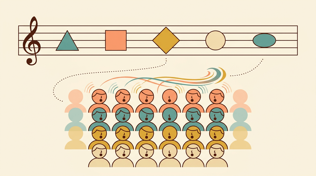 Shaped notes on a staff connect to a four-part choir, illustrating how geometric shapes guide singing.