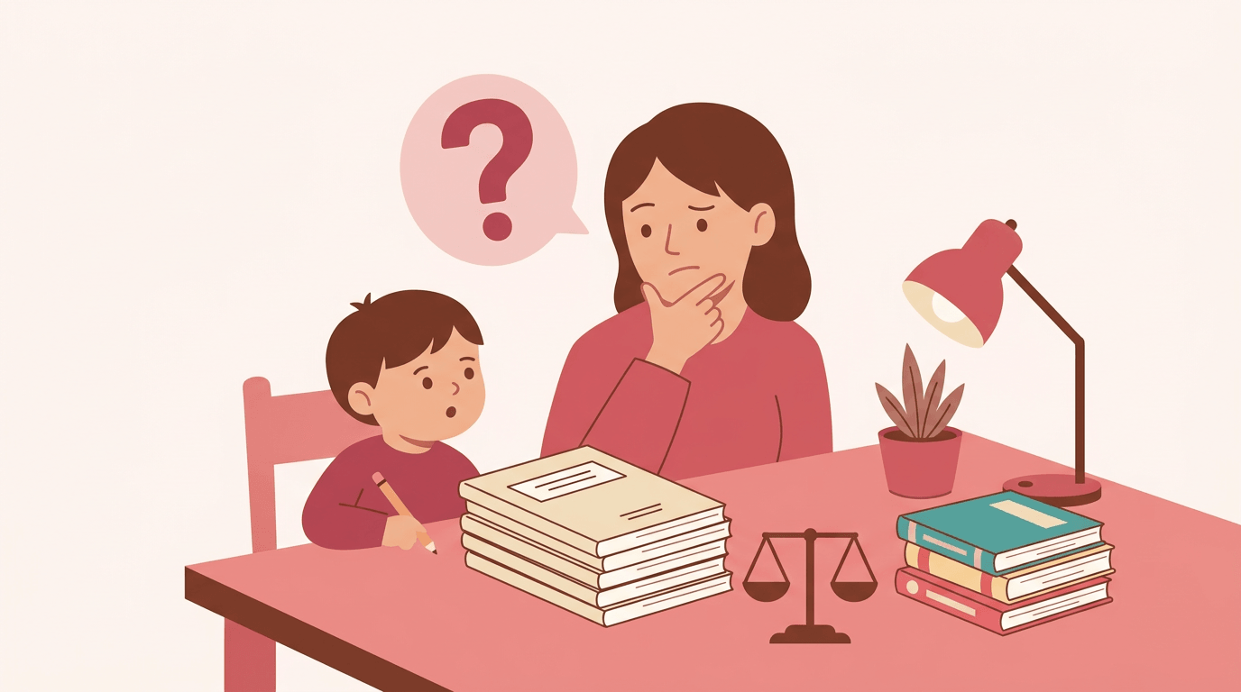 A parent and child weigh traditional workbooks against modern textbooks, symbolizing homeschool curriculum decisions.