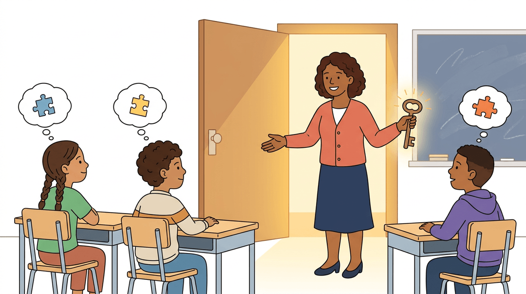A teacher offers a glowing key to three students with puzzle piece thought bubbles, as an open door streams warm light.