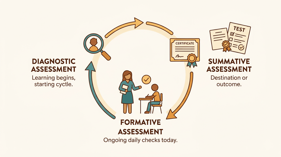 A circular diagram illustrates the learning cycle with three clearly connected stages: diagnostic, formative, and summative assessment.