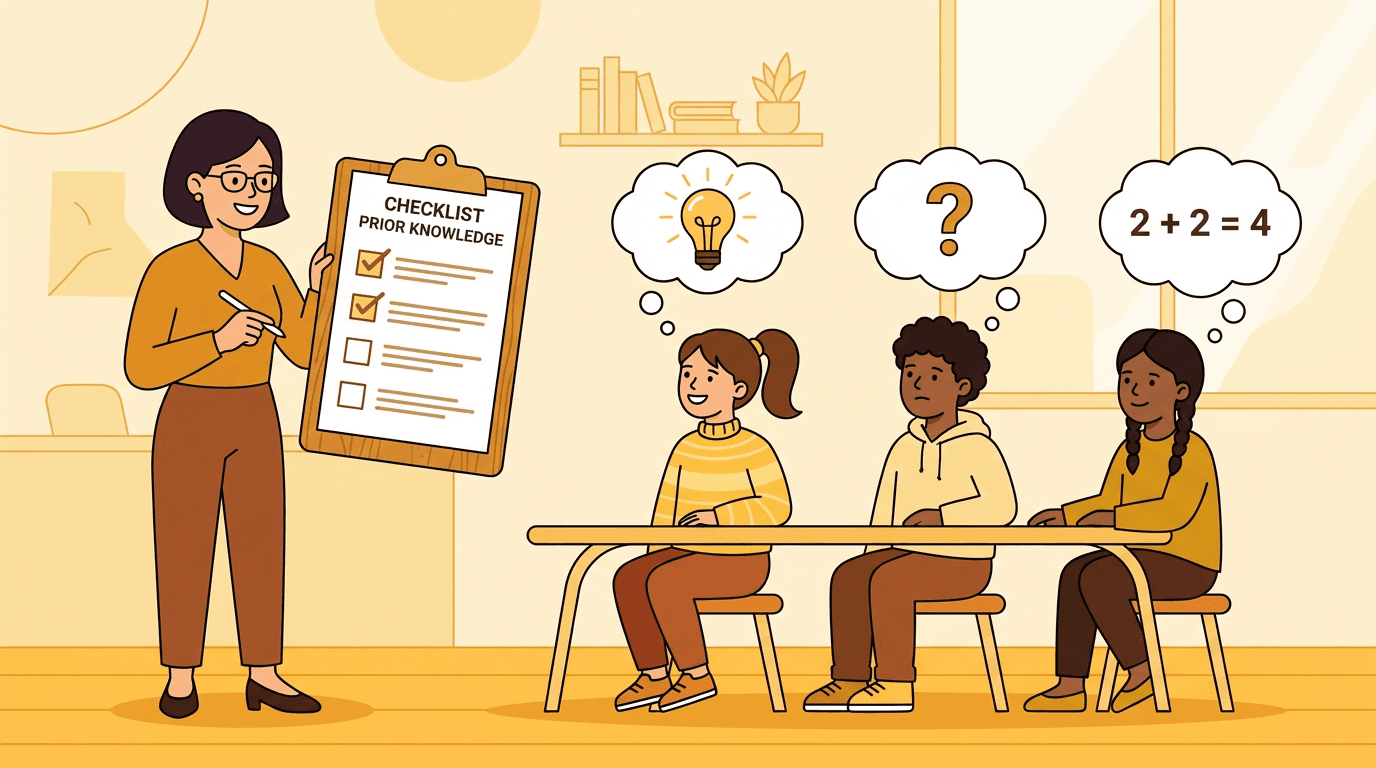 A teacher reviews a checklist as three students with thought bubbles show different levels of understanding.