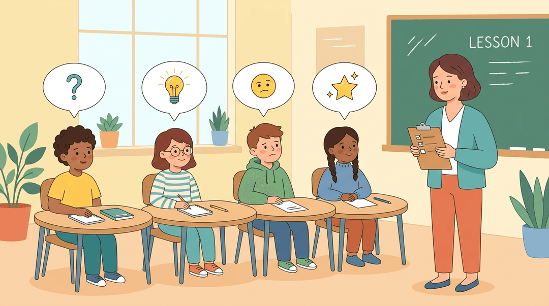A teacher scans her classroom where students have thought bubbles with a question mark, lightbulb, confused face, and star.