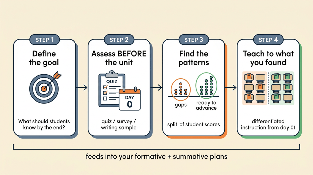 A four-step flowchart outlines a diagnostic assessment cycle, progressing from defining goals to differentiated instruction.