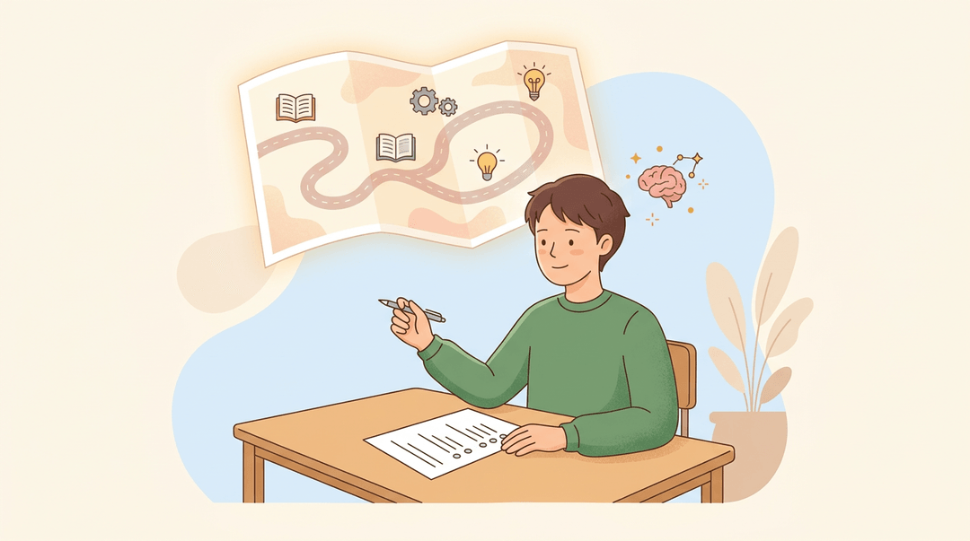 A calm student studies a quiz, with a glowing thought-path above their head showing vocabulary, concepts, and skills as milestones.