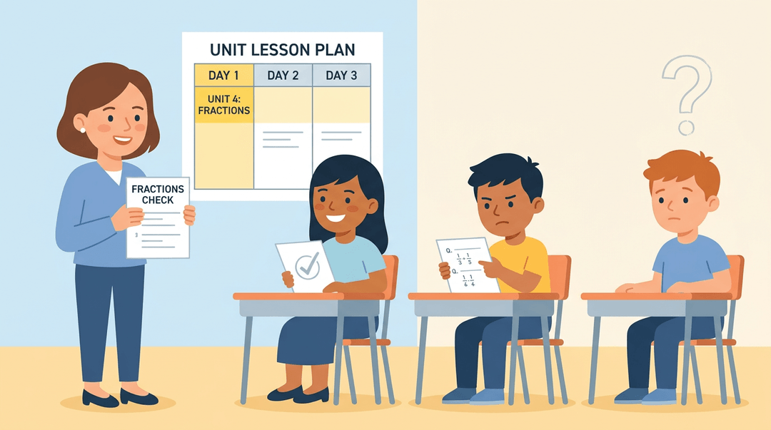 A teacher holds a paper quiz as three students show different levels of understanding of fractions.