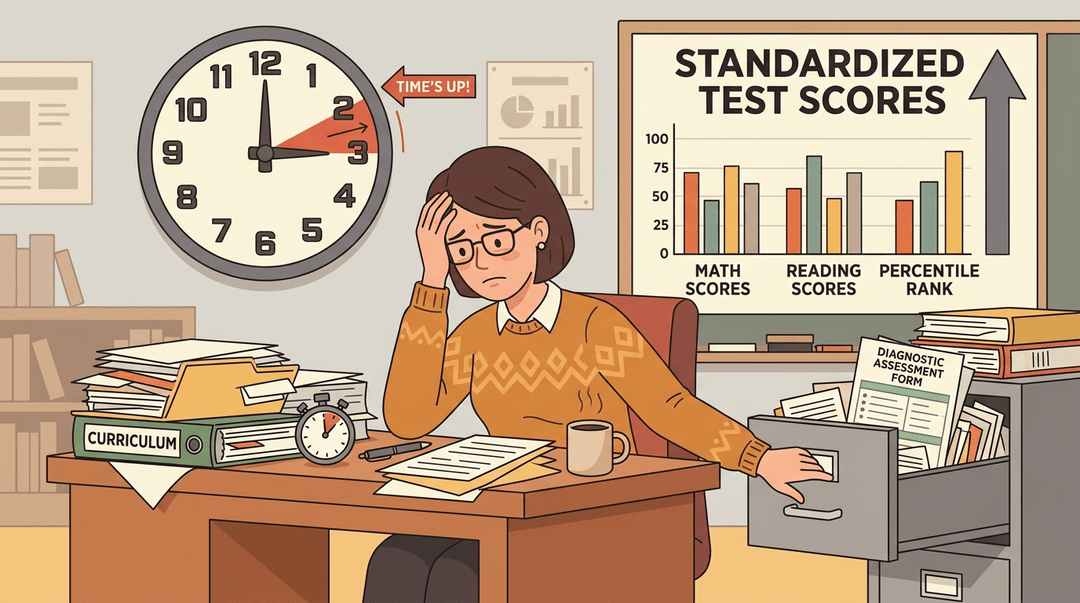 A stressed teacher at an overflowing desk is overwhelmed by grading, standardized tests, and a looming clock, while a diagnostic assessment lies unused.