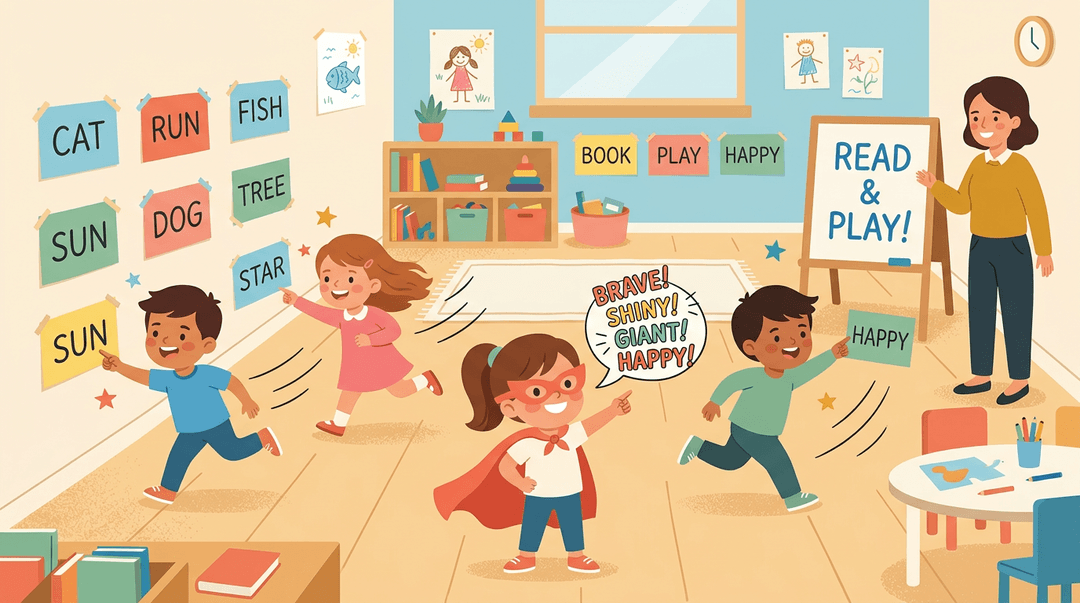 Children play a word game in a classroom, with one student wearing a superhero cape to read adjectives while the teacher watches.