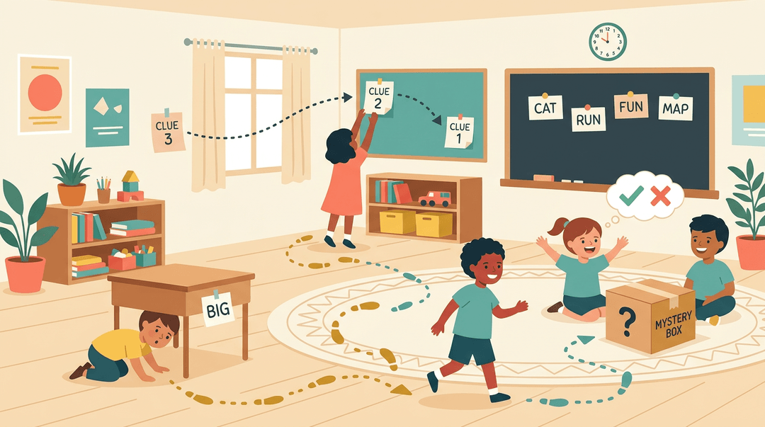 Kids hunt for sight words and clues in a classroom, following footprints to a mystery box.