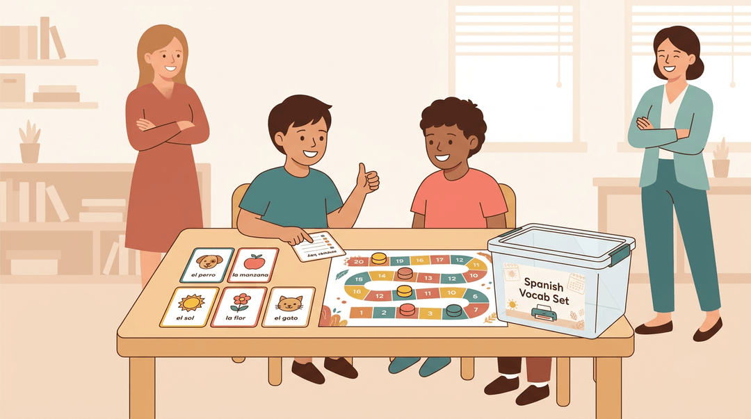 Students play a Spanish vocabulary board game with self-checking cards and tokens while a teacher supervises nearby.