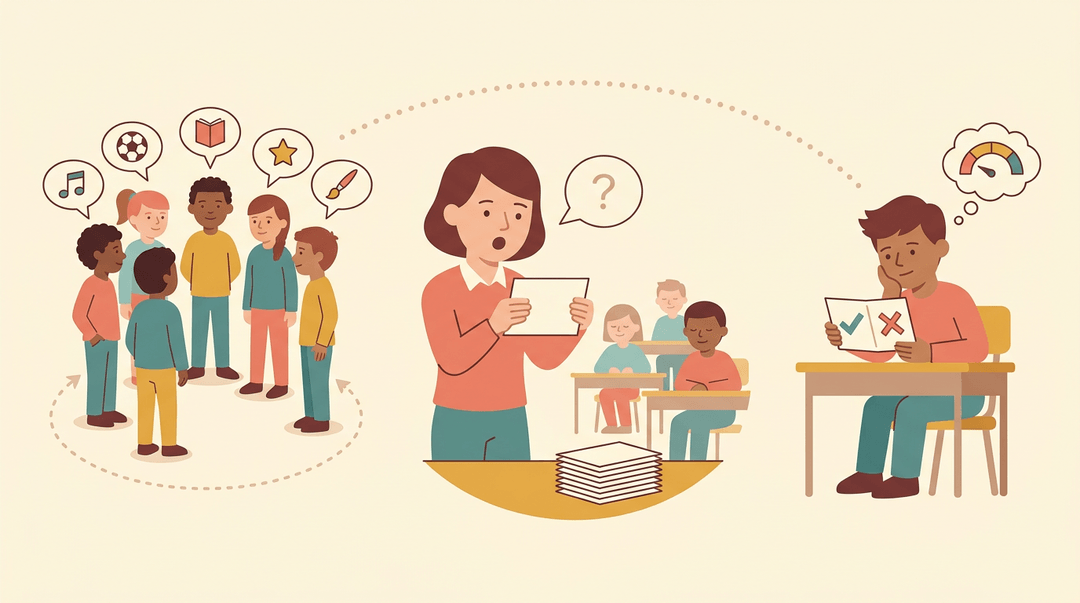 Three vignettes show students networking, sharing anonymous thoughts via cards, and self-reflecting with pass/fail indicators.
