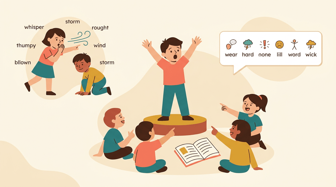 Students act out emotions and stories in a cozy classroom, including a six-word story display.