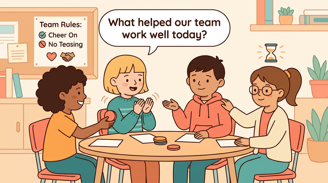Diverse elementary students play a team game, demonstrating cooperation and patience with supportive gestures.